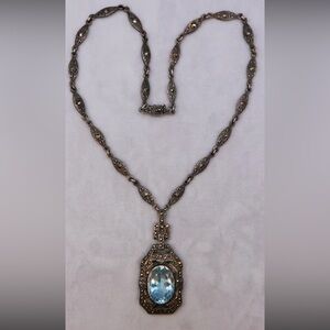 VINTAGE STERLING SILVER BLUE TOPAZ MARCASITE NECKLACE ART DECO